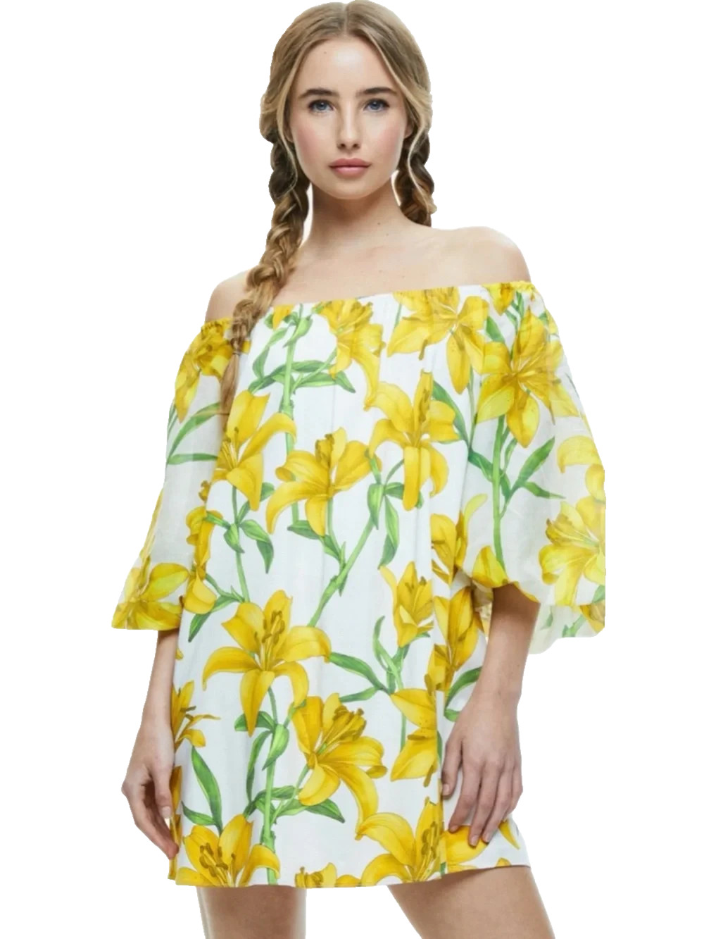 ALICE + OLIVIA NICKRO OFF SHOULDER YELLOW LILY FLORAL MINI DRESS SIZE L